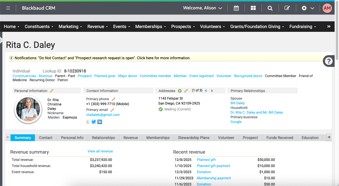 screenshot of Blackbaud CRM